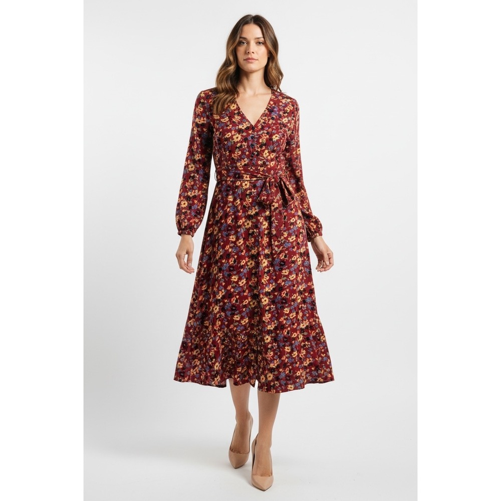 & Other Stories Floral V-Neck Midi Dress Burgundy Long Sleeve Tie Waist Sz 0